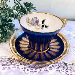Royal Stafford Bone China Tea Cup And Saucer Set Cobalt Blue Gold Feather Floral